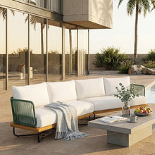 Christopher Knight Home Tracy 4 Seater Outdoor Sofa Set with Cushions, Acacia Wood Patio Lounge Sofa with Woven Rope Back, Spacious Seating Couch for Backyard Garden Porch, Beige+Green+Teak