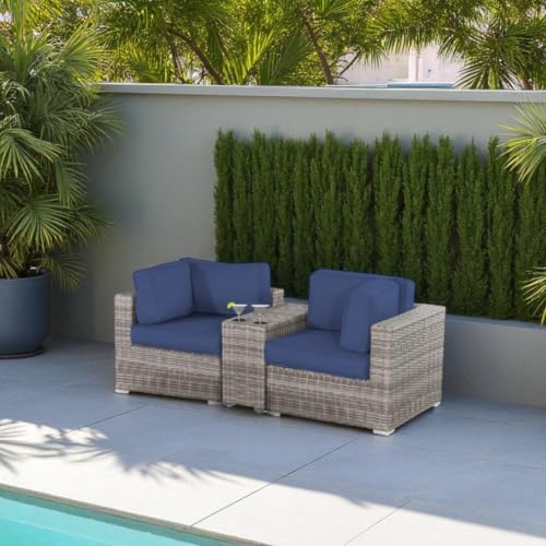 Hassyee Outdoor Wicker Loveseat with Sturdy Aluminum Frame for Poolside, Lawn, Patio 2-Seater Couch with Blue Soft Cushions and Build-in Side Table & Cup Holders for Backyard