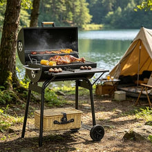 Offset Charcoal Smoker Grill Combo, 2-in-1 Barrel Style Grill & Smoker, Dual Shelves, Storage Rack & Wheels, for Backyard & Camping