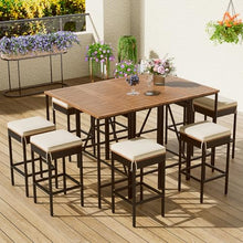 GO 10-Piece Outdoor Acacia Wood Bar Height Table And Eight Stools With Cushions, Garden PE Rattan Wicker Dining Table, Foldable Tabletop, High-Dining Bistro Set, All-Weather Patio Furniture, Brown