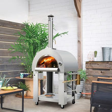 KOSTCH 32.5" Outdoor Duel Fuel Pizza Oven, 304 Stainless Steel Wood Fired & Propane Gas Pizza Oven with Temperature Gauge, Portable Pizza Oven on Wheels for Outside, Camping, Party (Silver)