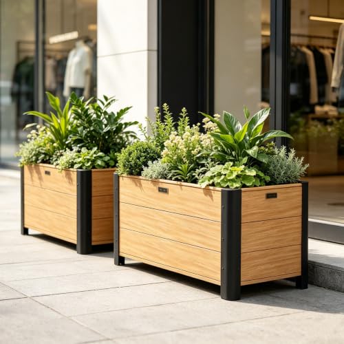 Long Trough Wood-Look Aluminum Raised Planter, Rounded Corners,Weatherproof