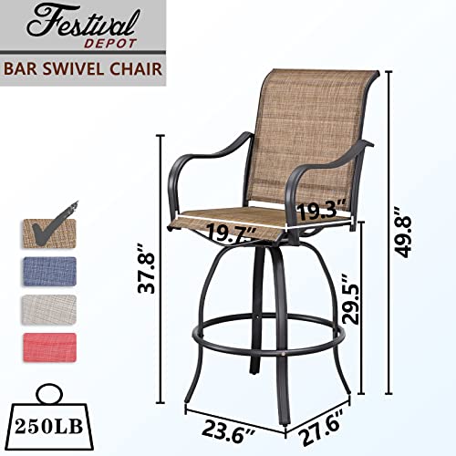 Festival Depot 8pcs Patio Dining Set Bar Height Stools Swivel Bistro Chairs Tempered Glass Top Table Metal Outdoor Furniture Brown