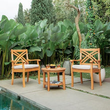 Cambridge Casual Sierra 3-Piece Teak Wood Outdoor Patio Bistro Chat Set, Side Table and 2 Patio Chairs for Garden, Balcony, Backyard and Poolside, Beige Cushion/Teak Wood