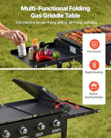 VEVOR Gas Griddle, 4-Burner Flat Top Grill, 36 inch Grill Plate Foldable Propane Griddle with Wheels, 60000 BTU Outdoor Flat Top Grills for Pan-Frying, Grilling, Stir-Frying, & BBQ, Pulse Ignition