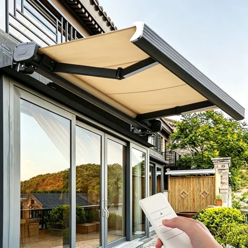 Electric Awnings for Patio, Deck Awnings with Waterproof Polyester Cover and Aluminum Frame, Outdoor Sunshade for Balcony, Backyard(Beige,A)