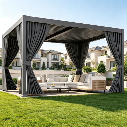 LEVELEVE 10 x 12 FT Louvered Pergola with Adjustable Weatherproof Roof, Curtains & Netting, Drainage System, Large Hardtop Canopy for Patio, Garden, Deck, Backyard
