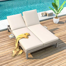 TREXM 5-Position Adjustable Backrest Double Chaise Lounge Outdoor, Outdoor Chaise Lounge with Cushion and Folding Side Trays for 2 People, Patio Double Chaise Lounge for Poolside Garden, Gray