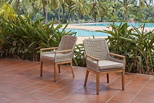 Winston August Teak & All-Weather Weave Patio Dining Chairs Set of 2 Natural Teak Wood Driftwood Grid Weave Sunbrella Cast Ash Fabric