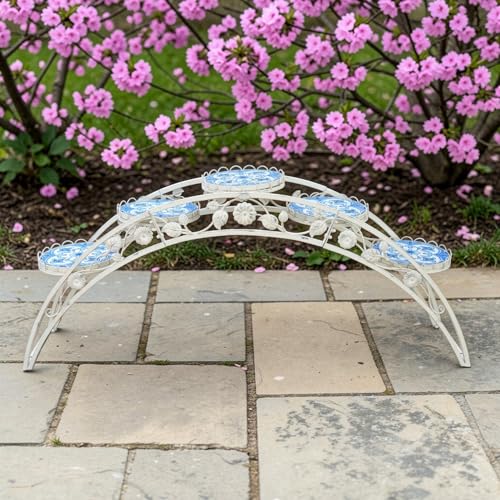 Zaer Ltd. 6.5ft Santorini Bridge-Like Iron & Mosaic Plant Stand in Antique White Écusson (White)