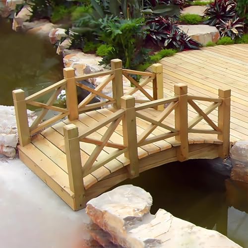 TT-YEL 5.9Ft Retro Curved Wooden Footbridge, Lawn Pond Bridge Walkway with Double Railings, Full Solid Wood Heavy Duty Garden Bridge, 500Kg Load-Bearing,Length 130cm