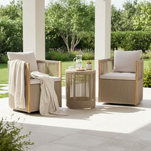 Christopher Knight Home Junna Acacia Wood Bistro Table and Chairs Set of 2, Outdoor Bistro Set with Rope Accent, Outdoor Side Table and Swivel Patio Chairs Set with Thick Cushions, Beige + Teak