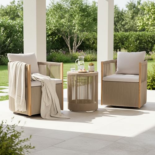 Christopher Knight Home Junna Acacia Wood Bistro Table and Chairs Set of 2, Outdoor Bistro Set with Rope Accent, Outdoor Side Table and Swivel Patio Chairs Set with Thick Cushions, Beige + Teak