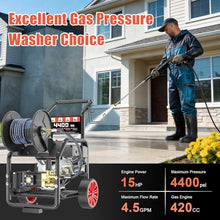 TechSweepPro 4400PSI Gas Pressure Washer with Hose Reel, One-Button Start 420cc 15HP 4-Cycle Engine, 4.5 GPM Heavy Duty Power Washer with 50FT 3/8" Hose, Spray Gun & Wand, 5 Quick Connect Nozzles