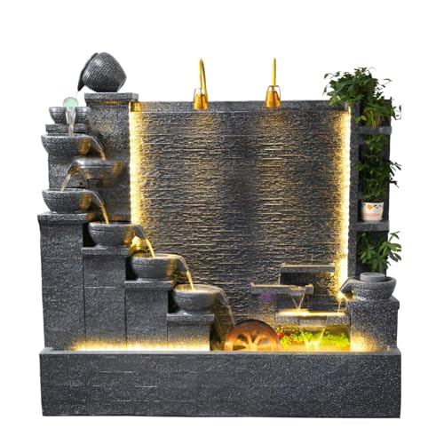 4.46 ft Luxury Elegant Faux Rock Fountain – Vintage Style Garden Home Villa Decor with LED Lights, Waterfall, Crystal Turning Beads, Relief Art for Gift or Decoration(136 * 46 * 79 CM+Left)