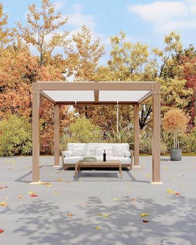 Adjustable Roof & Integrated Drainage - Aluminum Louvered Pergola Gazebo - Reinforced Frame for Patio, Deck, Backyard, Garden - Durable Outdoor Hardtop Shelter - Wood Grain Finish, Multiple Sizes