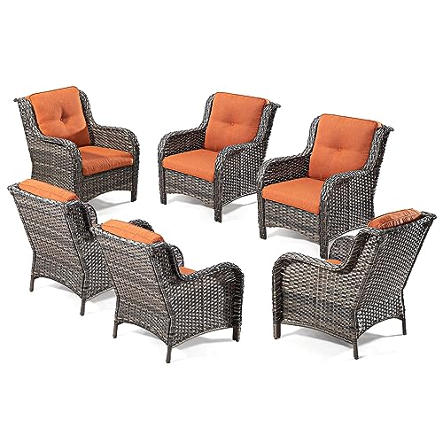 MeetLeisure Outdoor Wicker Chair Rattan Patio Dining Chairs Set of 6 PE Wicker Patio Chairs with 4 inch Seat Cushions Patio Seating Chair for Garden, Backyard Swimming Pool, Balcony, Orange