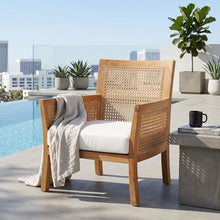 Hives & Honey Salvador Cane Outdoor Lounge Chair with White Cushion, Grade-A Teak Wood Patio Armchair, Resin Wicker Accents, Quick-Dry Foam Cushion, Weather-Resistant Patio Seating
