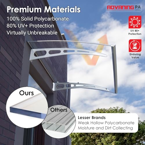 ADVANING 79"x35" Polycarbonate Awning, PA Series, Premium Quality UV Protection Crystal Clear Polycarb with Aluminum Brackets - DA7935-PSS1A