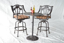 Palm Tree Outdoor Patio 3pc Set Pedestal Bar Table 30" Dark Bronze Cast Aluminum, Walnut Cushions