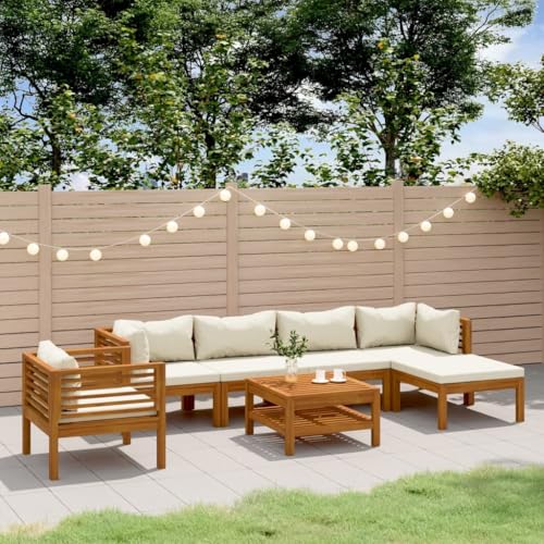 LPERTGFHU 7 Piece Patio Lounge Set, Modular Outdoor Sofa Sectional with Cream Cushions, Solid Acacia Wood Garden Furniture for Backyard, Porch, Deck