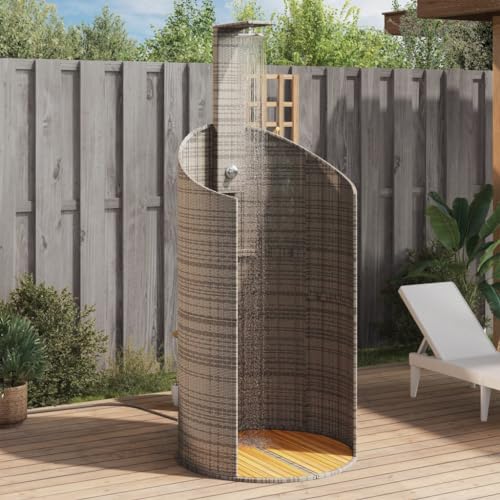 Outdoor Shower Freestanding Garden Shower with PE Rattan and Solid Acacia Wood Base, Portable Shower for Poolside, Patio, Yard, 39.4 x 39.4 x 95.1 Inches