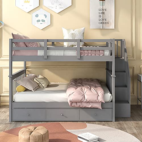 Harper & Bright Designs Full Over Full Bunk Beds with Stairs & Storage Grey