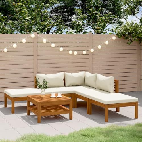 VGLQNRPT 6-Piece Patio Lounge Set with Cream Cushions, Solid Acacia Wood Outdoor Sofa and Coffee Table Modular Furniture for Garden Terrace