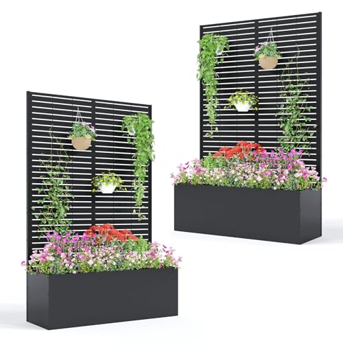 GarveeLife 2PCS Metal Planter Box with Trellis, 71"x47"x16" Raised Garden Bed for Climbing Plants, Vegetables, Vines, Privacy Planters for Patio with Drainage Holes, 15.7" Deep Planting Bed