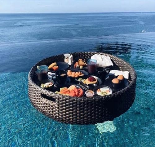 ZHPPED Swimming Pool Floating Tray Table,Rattan Woven Serving Tray,Swimming Pool Floats for Adults for Sandbars, Spas, Bath, and Parties | Floating Tray,Black-80CM