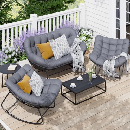Garvee Outdoor Rocking Chair Set of 3, Double Papasan Chair with Cushion