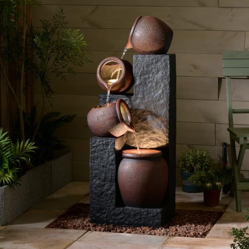 Cascading Urn Fountain, Decorative Water Fountain with LED Lights and Quiet Pump, Indoor Outdoor Water Feature for Patio, Garden, Deck, Balcony, Office and Home Décor