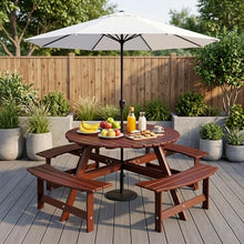 CKEASEAN 8 Person Wooden Picnic Table, Outdoor Round Picnic Table with 4 Built-in Benches, Umbrella Hole, Outside Table and Bench Set for Patio, Backyard, 500lbs Capacity Per Bench (Brown - 8Person)