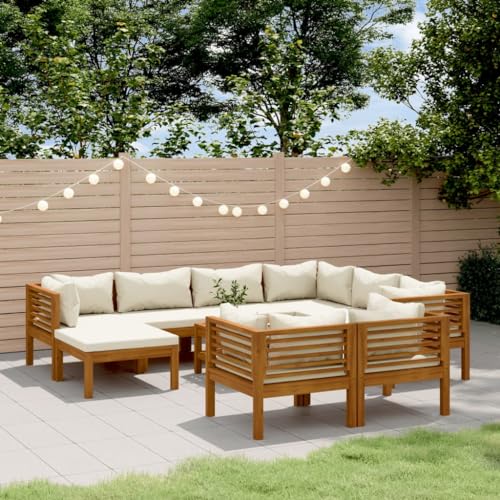 KTHLBRH 10-Piece Garden Lounge Set with Cream Cushions and Natural Acacia Wood Frame for Patio Outdoor Modular Seating Furniture, Weather Resistant Durable Comfortable Relaxation