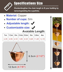 YUSIWOAL Flower Copper Rain Chain, Japanese Style Downspout, Adjustable Gutter Drainage with Hooks, Handcrafted Decor for Garden Patio Balcony, 1M(4 m (13ft))