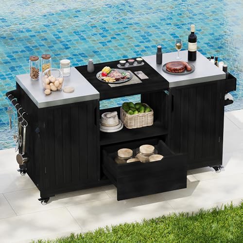 Merax 66.5" Outdoor Kitchen Island for Big Green Egg, Grill Cart with Stainless Steel Top, Solid Wood Grill Table with Storage Cabinet & Wheels, Compatible with Kamado Joe