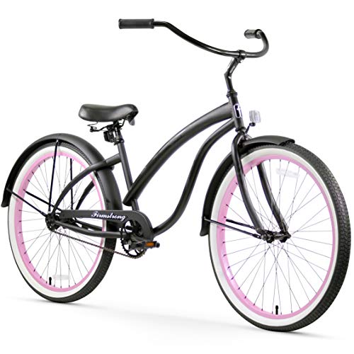 Firmstrong Women's Beach Cruiser Bicycle Single Speed 26 Inch Matte Black/Pink Rims