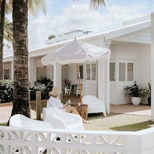 Business & Pleasure Co. Market Umbrella ~ 7' White Boho Fringe Outdoor Patio Umbrella, UPF 50+, 1.5" Wood Pole, 7’W x 8.5’H, Lauren's Navy Stripe