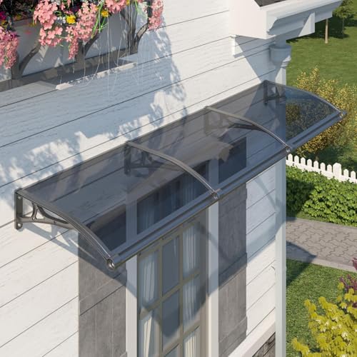 Door Awning Window Canopy with Drainage, 60x94 Inch Solid Polycarbonate Awnings for Outside, Porch, Patio, Deck, Sun Shade UV,Rain, and Snow Protection, Aluminum Alloy Bracket