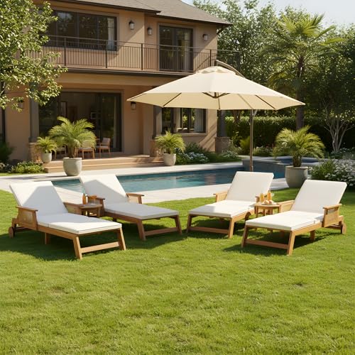 Christopher Knight Home Revia Chaise Lounge Outdoor Set of 4 with Wheels and Armrests, Acacia Wood Patio Chaise Lounge with Cushion, Adjustable Backrest Poolside Sun Lounger, Teak+Light Beige