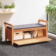 HKTMGDNG 2-Seat Acacia Wood Garden Storage Bench with Dark Grey Cushion