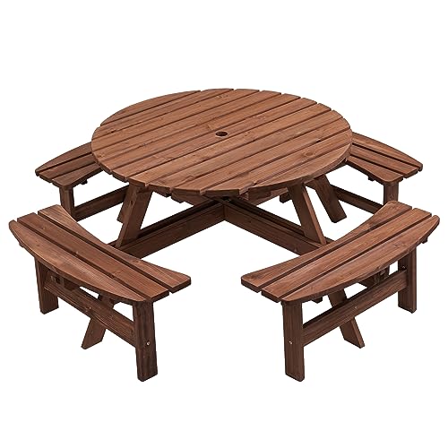 43.3" Outdoor Wooden Picnic Table with Benches Set and Umbrella Hole Brown