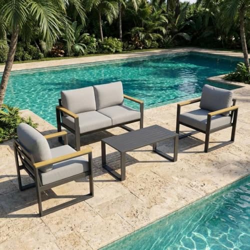 IDEALHOUSE Aluminum Outdoor Patio Furniture - 1 Pcs Loveseat and Coffee Table, All-Weather Metal Modern Outside Furniture with Washable Thick Cushion for for Balcony, Garden, Deck, Backyard,Gray