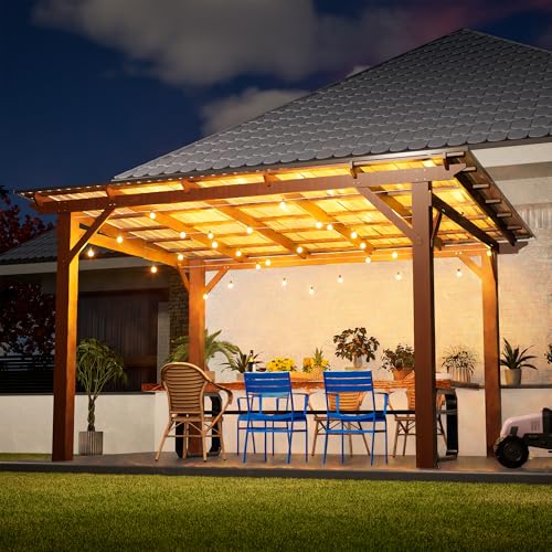 Praxatek 13x10 ft Outdoor Wood Pergola Gazebo, Brown, Corrosion-Resistant Fir, Metal Roof, Weather-Resistant Patio Shade Structure for Backyard (13X10 FT)