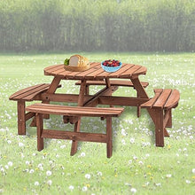 Thanaddo 8-Person Outdoor Circular Wooden Picnic Table, Camping Dining Table w/ 4 Built-in Benches, Outside Table Set with Umbrella Hole, 2220lb Capacity for Garden Patio Backyard - Brown