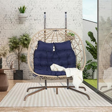 KEIKI Double Swing Egg Chair with Stand, Patio Rattan Wicker Hammock Egg Chair with UV Cushion, 2 Person Outdoor Indoor Hanging Basket Chair, 600LBS Capacity for Balcony, Dark Blue and Khaki