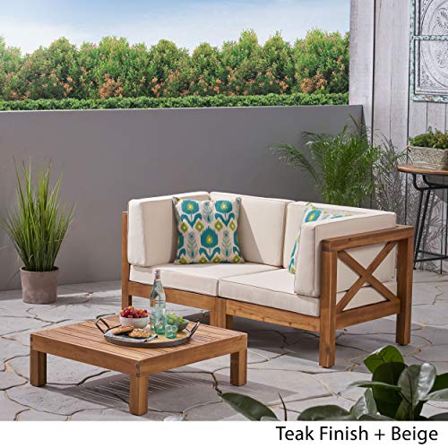 Great Deal Furniture Outdoor Sectional Loveseat Set with Coffee Table 2-Seater Acacia Wood Water-Resistant Cushions Teak Finish + Beige