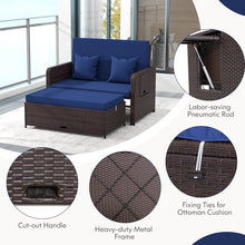 LDAILY Moccha Outdoor Daybed, Wicker Loveseat Sofa Set with 4-Postion Adjustable Backrest, Storage Ottoman, Cushions, Rattan Double Bed Lounger, Patio Furniture Set (Navy)
