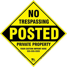 x100 Customized Metal Diamond No Trespassing Posted Private Property Sign with your information (Yellow)