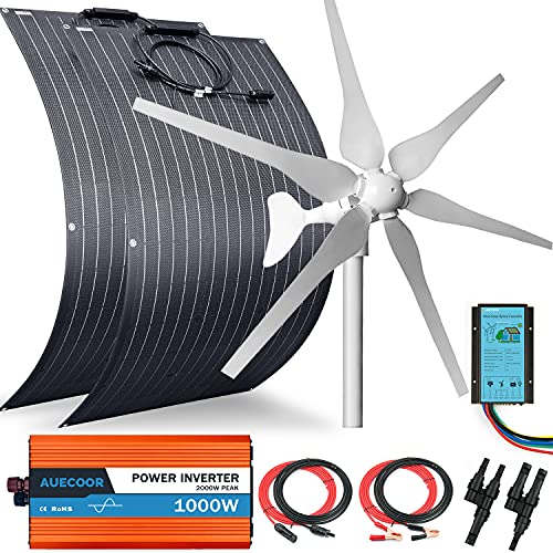 AUECOOR 600 Watts 12 Volts Solar Panel Wind Turbine Hybrid System Kit: 2 pcs 100W ETFE Flexible Monocrystalline Solar Panel+400W Wind Turbine+1000W Inverter + Accessories,for Curvy Surface,Roofs,RV